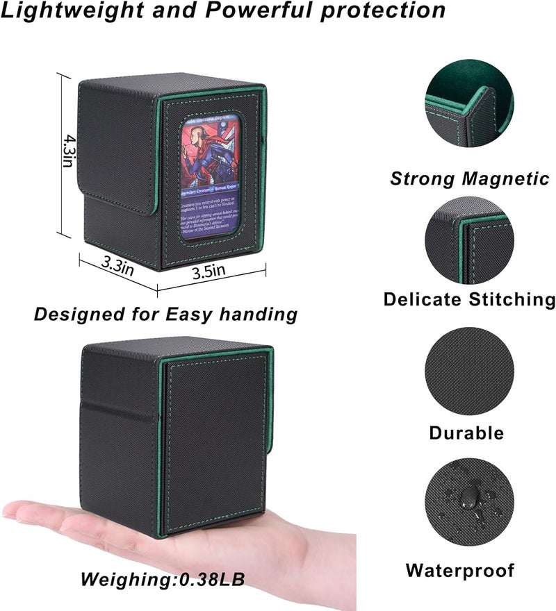 AFIING MTG Deck Box for Commander Display,Card Deck case Fits 100 Double Sleeved Cards,Magic Commander TCG Card Storage Box with 2 Dividers,Dice Bag and Toploader Black Green - Image 5
